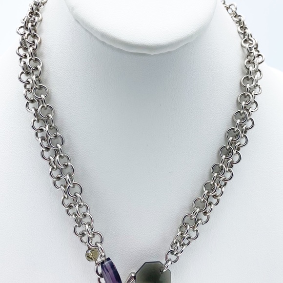 Double Chunky Link Chain Front Toggle Clasp Dangling Faux Gems Necklace - Picture 8 of 11